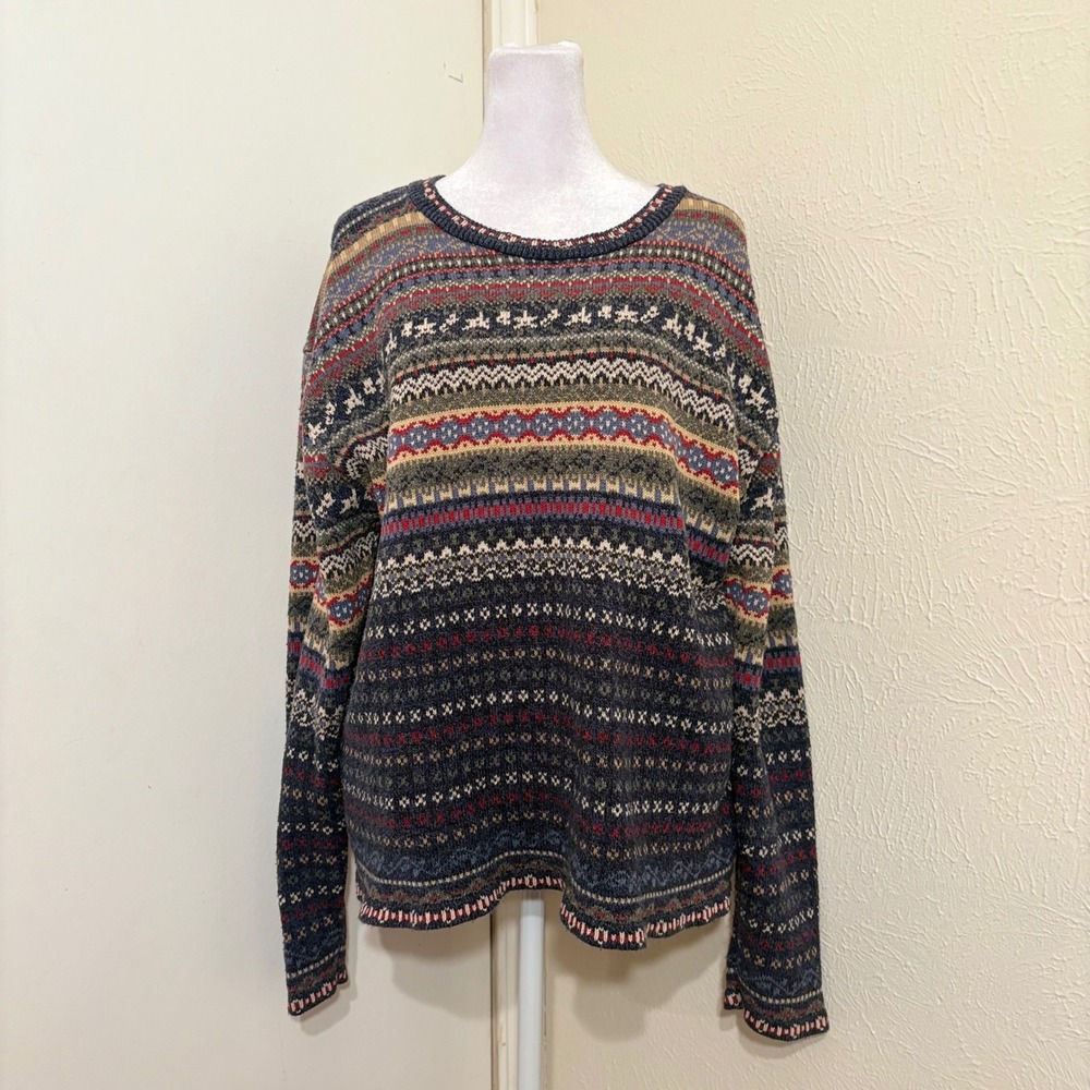 Vintage 90s Eddie Bauer Fair Isle Crewneck Womens Sweater Navy Red Striped L